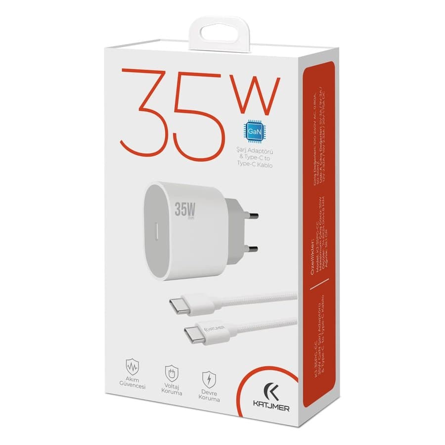 Katjmer KJ-35PG-CC 35W GaN PD Şarj Adaptörü + Type-C to Type-C Kablo ürün görseli Yan Gorunum