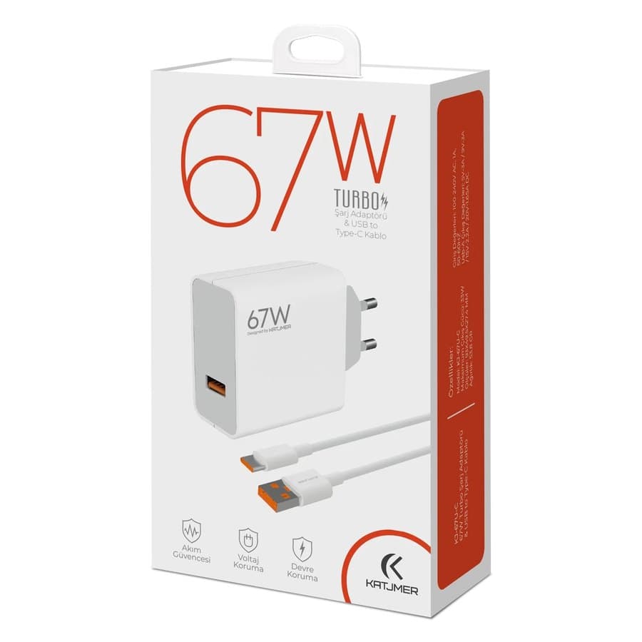 Katjmer KJ-67U-C 67W USB Şarj Adaptörü + Type-C Kablo ürün görseli Yan Gorunum
